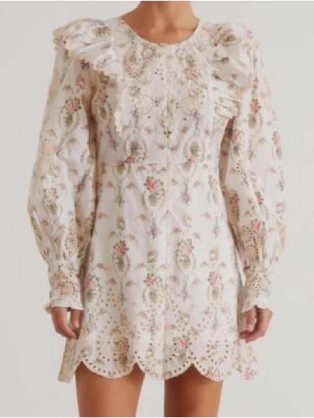 LoveShackFancy Floral Eyelet Mini Dress in Cream with Pink Accents (worn once)